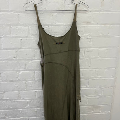 Bouche a Bouche Khaki Faux Suede Lace Up Ornate Filgament Belt Fitted Midi Dress