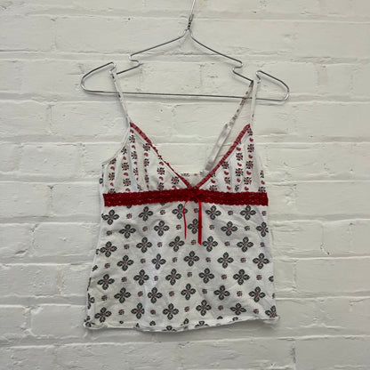 White Red Trim Paisley Mono Print Lace Trim Camisole