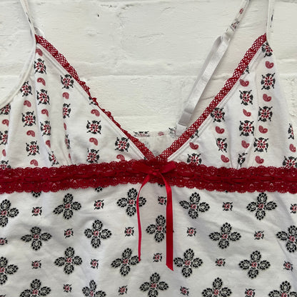 White Red Trim Paisley Mono Print Lace Trim Camisole