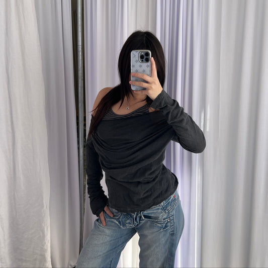 DDP Faded Grey Striped Layered Draped Long Sleeve Two in One Tunic Top