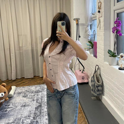 jennyfer preppy soft pink puff sleeve high neck blouse