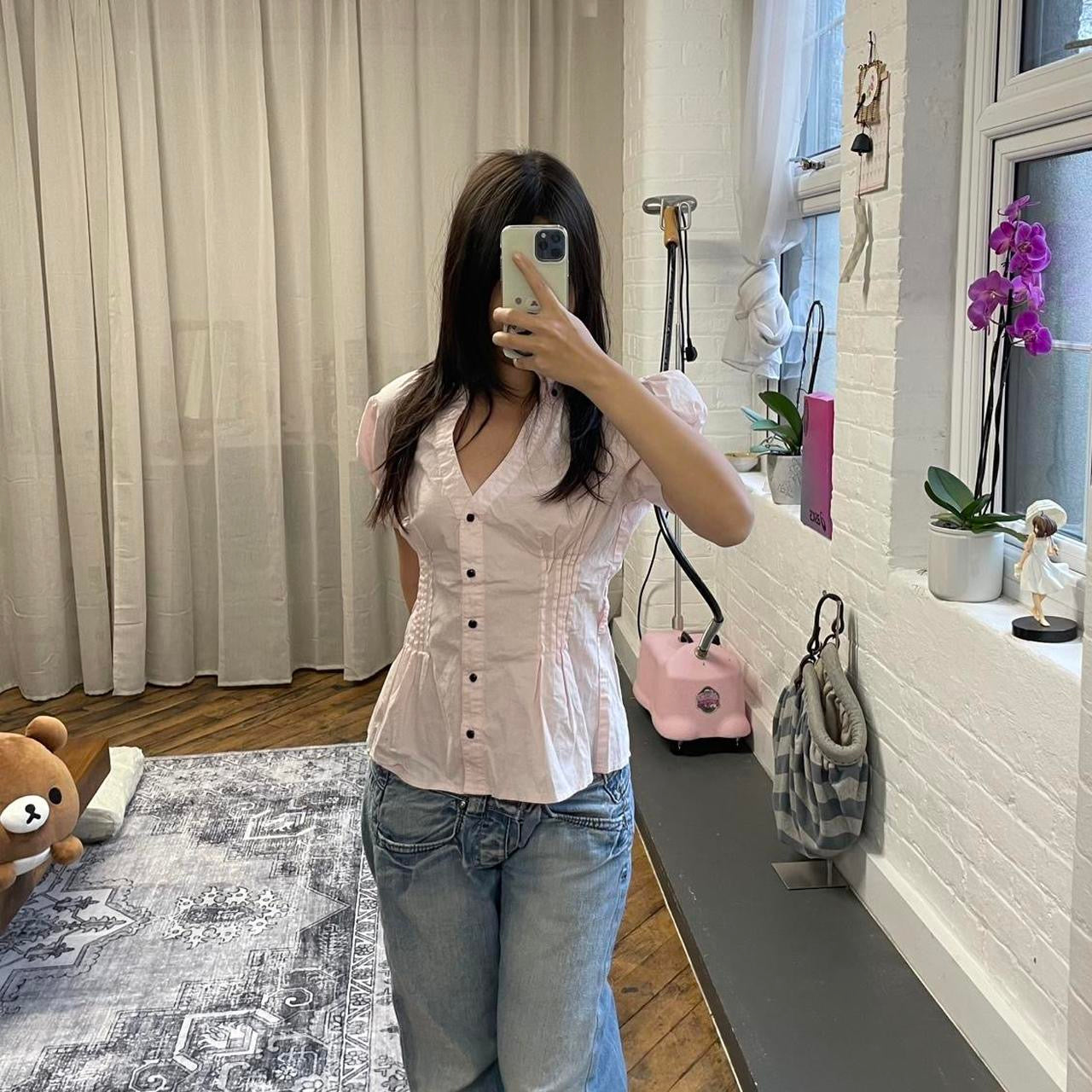 jennyfer preppy soft pink puff sleeve high neck blouse