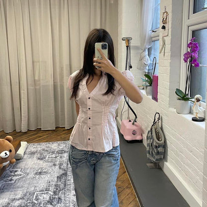 jennyfer preppy soft pink puff sleeve high neck blouse