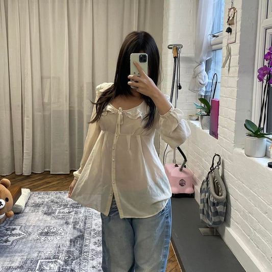 beige as know as pinky long sleeve cottagecore sheer frilly collar blouse top