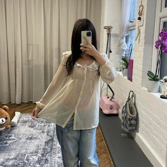 beige as know as pinky long sleeve cottagecore sheer frilly collar blouse top