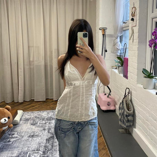 mexx broderie anglaise eurosummer off white halterneck camisole top with lace hem