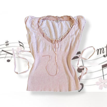 balletcore kookai baby pink short sleeve milkmaid ruched neckline ribbed body blouse