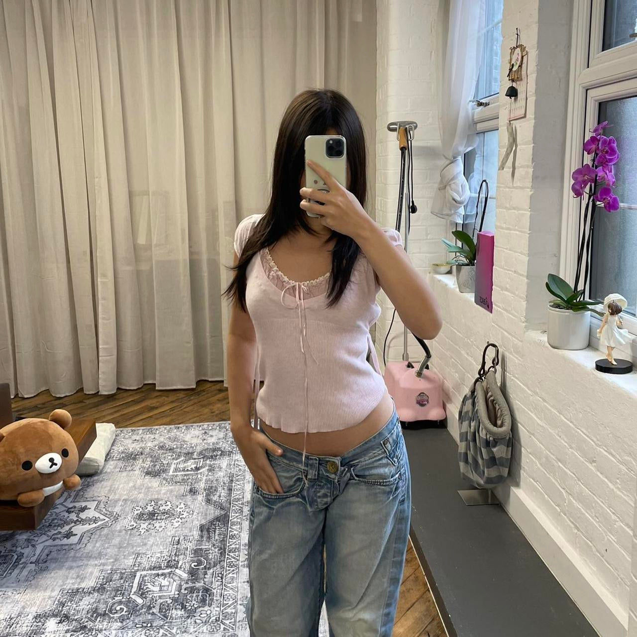 balletcore kookai baby pink short sleeve milkmaid ruched neckline ribbed body blouse