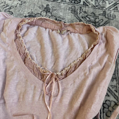 balletcore kookai baby pink short sleeve milkmaid ruched neckline ribbed body blouse