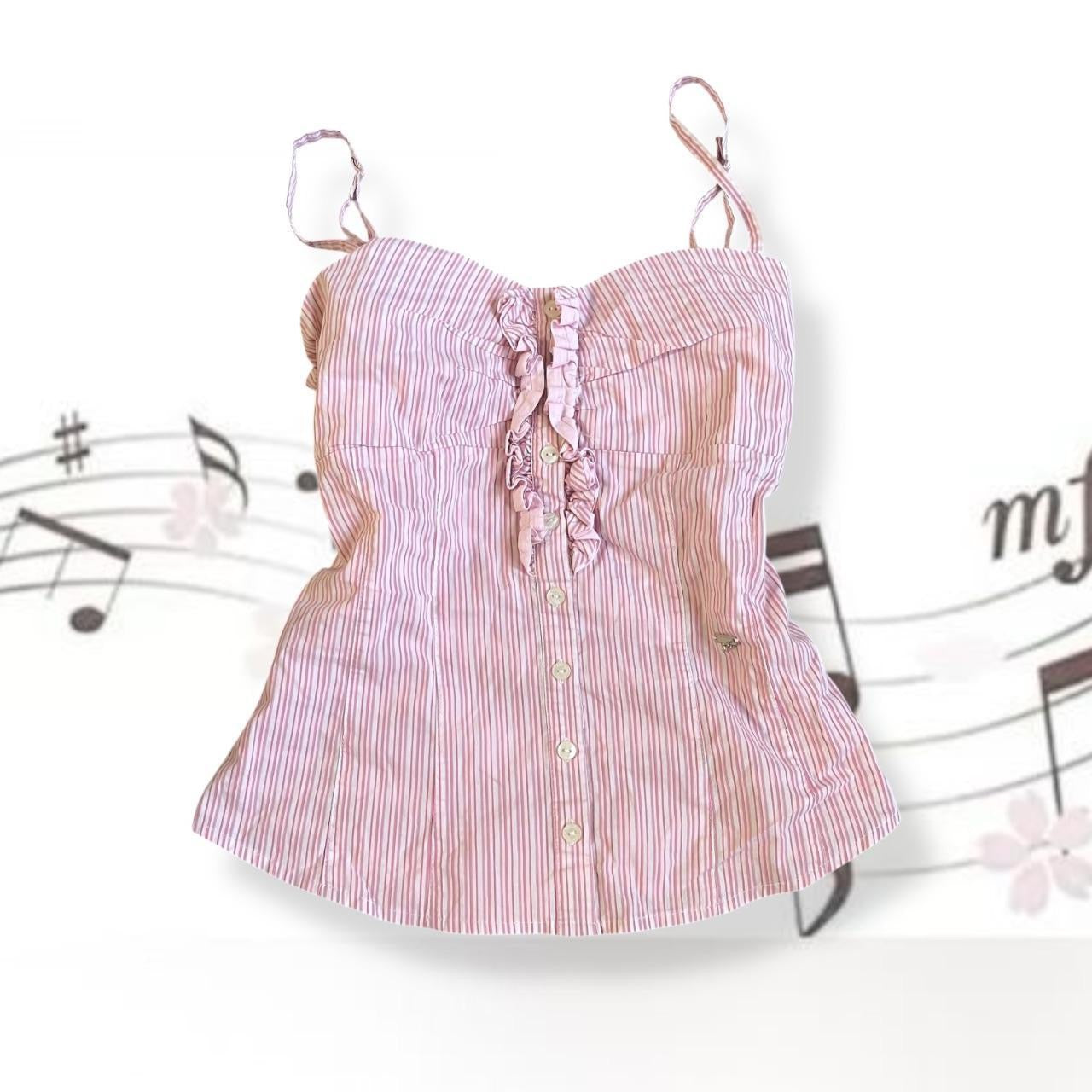 vintage coquette kocca baby pink pinstripe ruffle bust button down camisole