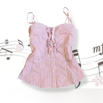 vintage coquette kocca baby pink pinstripe ruffle bust button down camisole