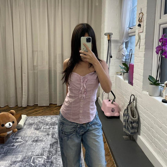 vintage coquette kocca baby pink pinstripe ruffle bust button down camisole