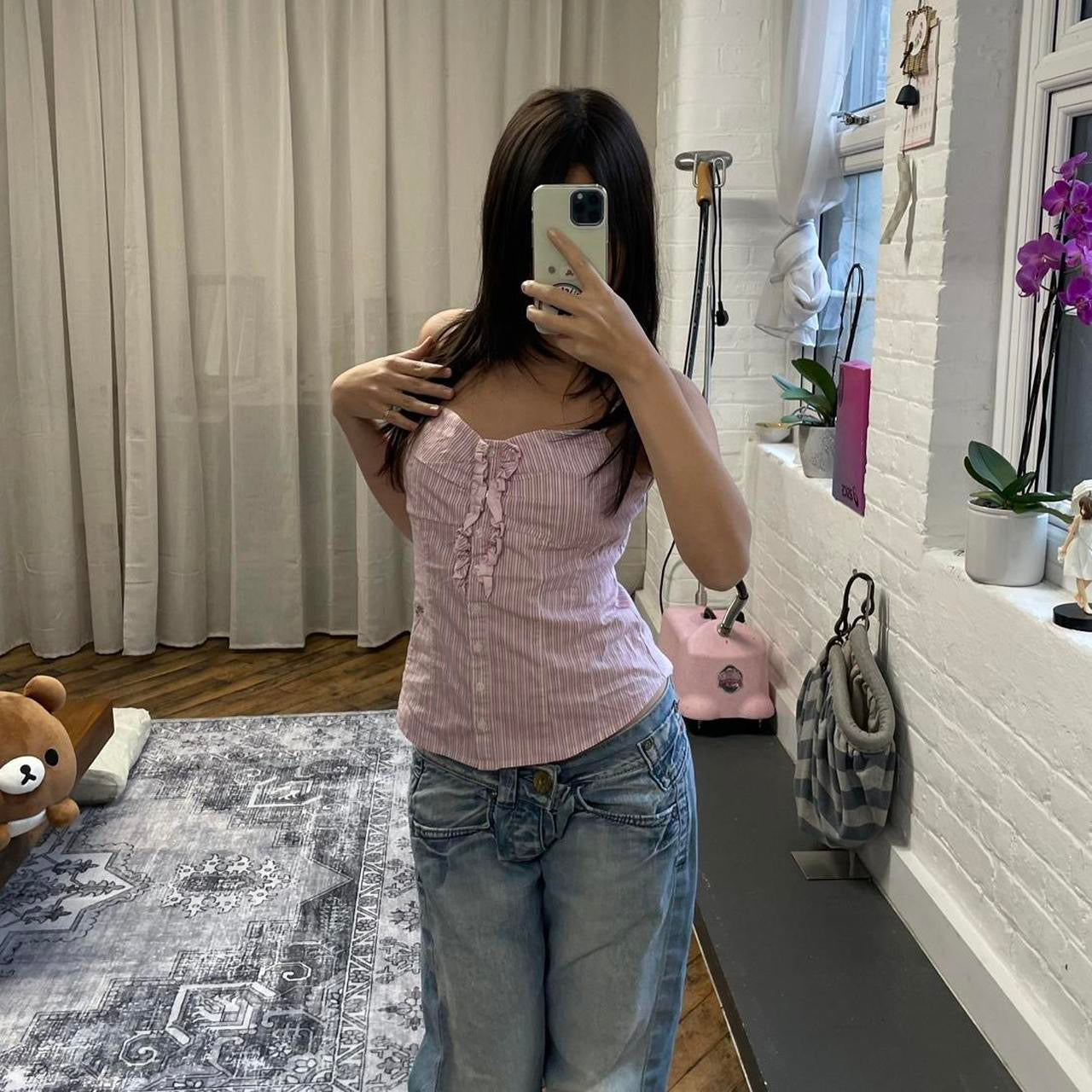 vintage coquette kocca baby pink pinstripe ruffle bust button down camisole