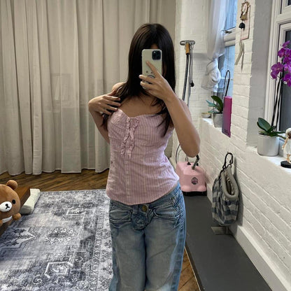 vintage coquette kocca baby pink pinstripe ruffle bust button down camisole