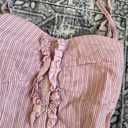 vintage coquette kocca baby pink pinstripe ruffle bust button down camisole