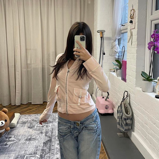 coquette preppy prideglide salmon pink patch utility buckle zip hoodie jacket