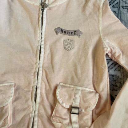 coquette preppy prideglide salmon pink patch utility buckle zip hoodie jacket