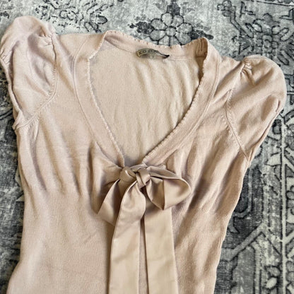coquette balletcore kookai baby pink puff sleeve v neck fitted top with satin bust ribbon detail