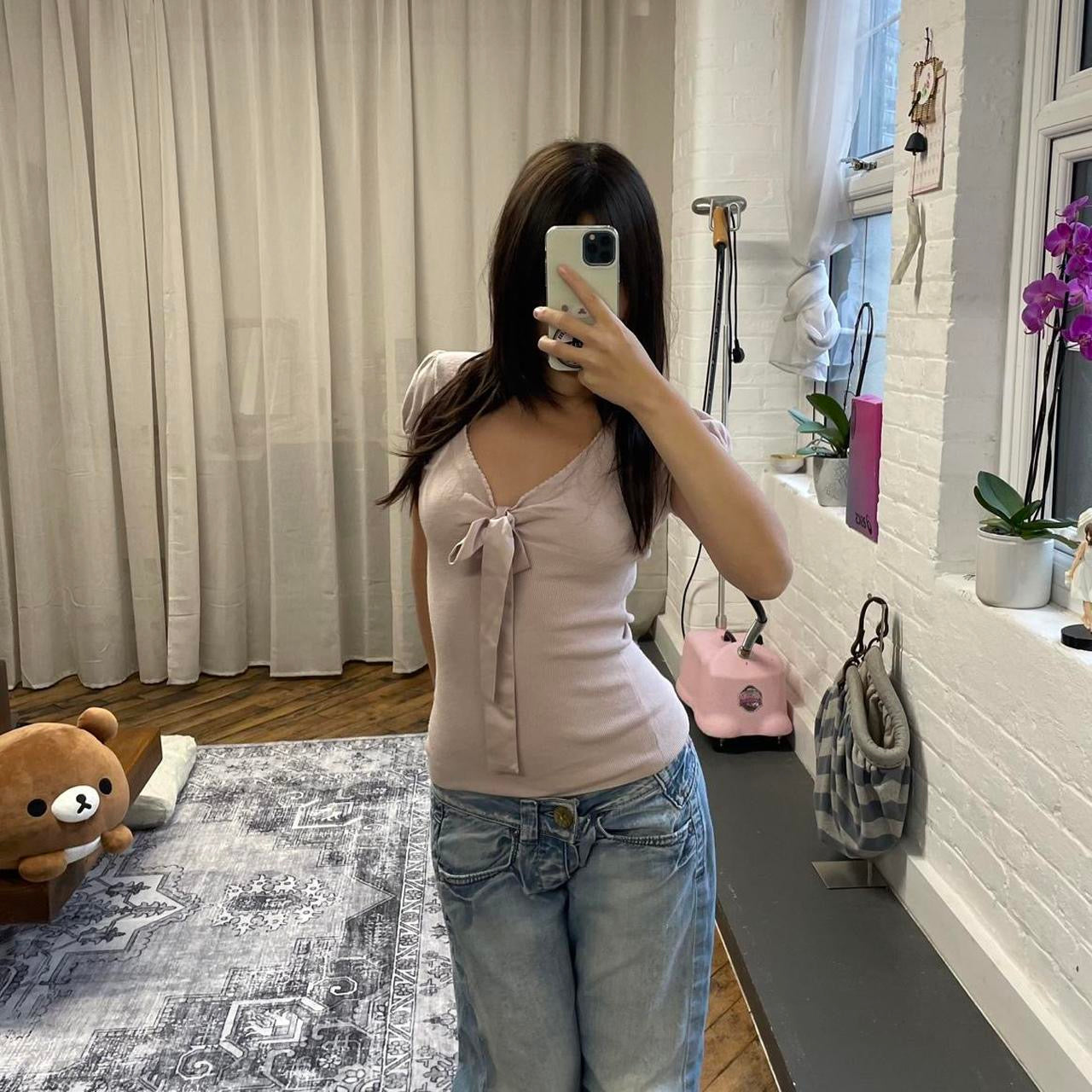 coquette balletcore kookai baby pink puff sleeve v neck fitted top with satin bust ribbon detail