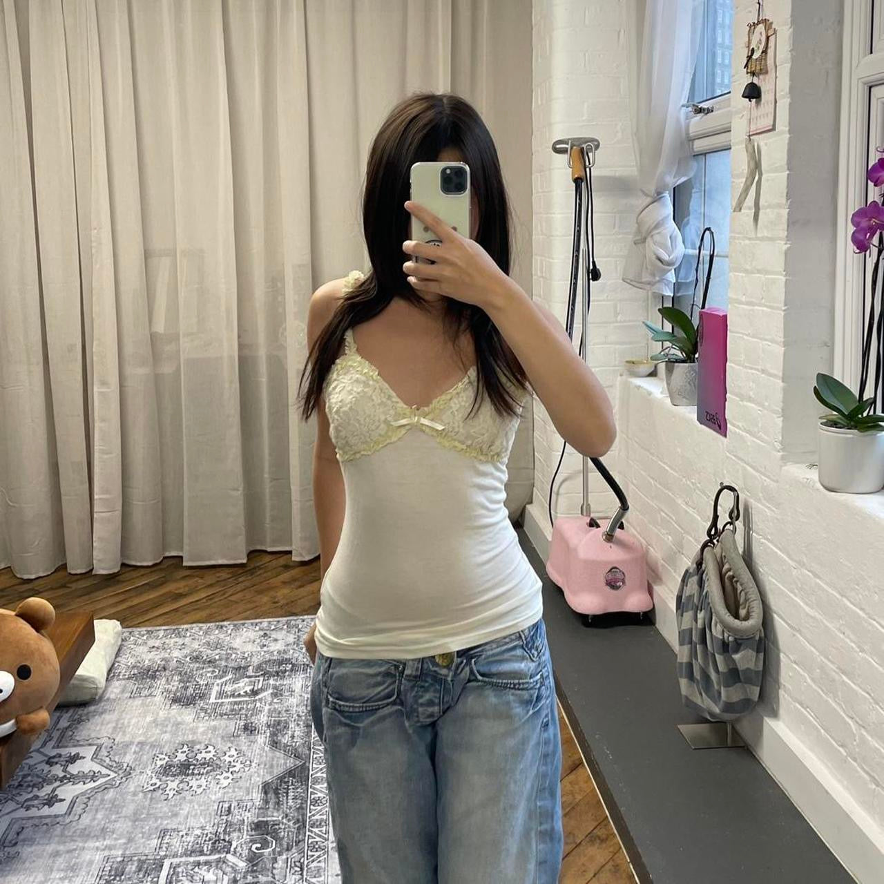 coquette cream pastel yellow lacey frilly liz lisa bow charm camisole