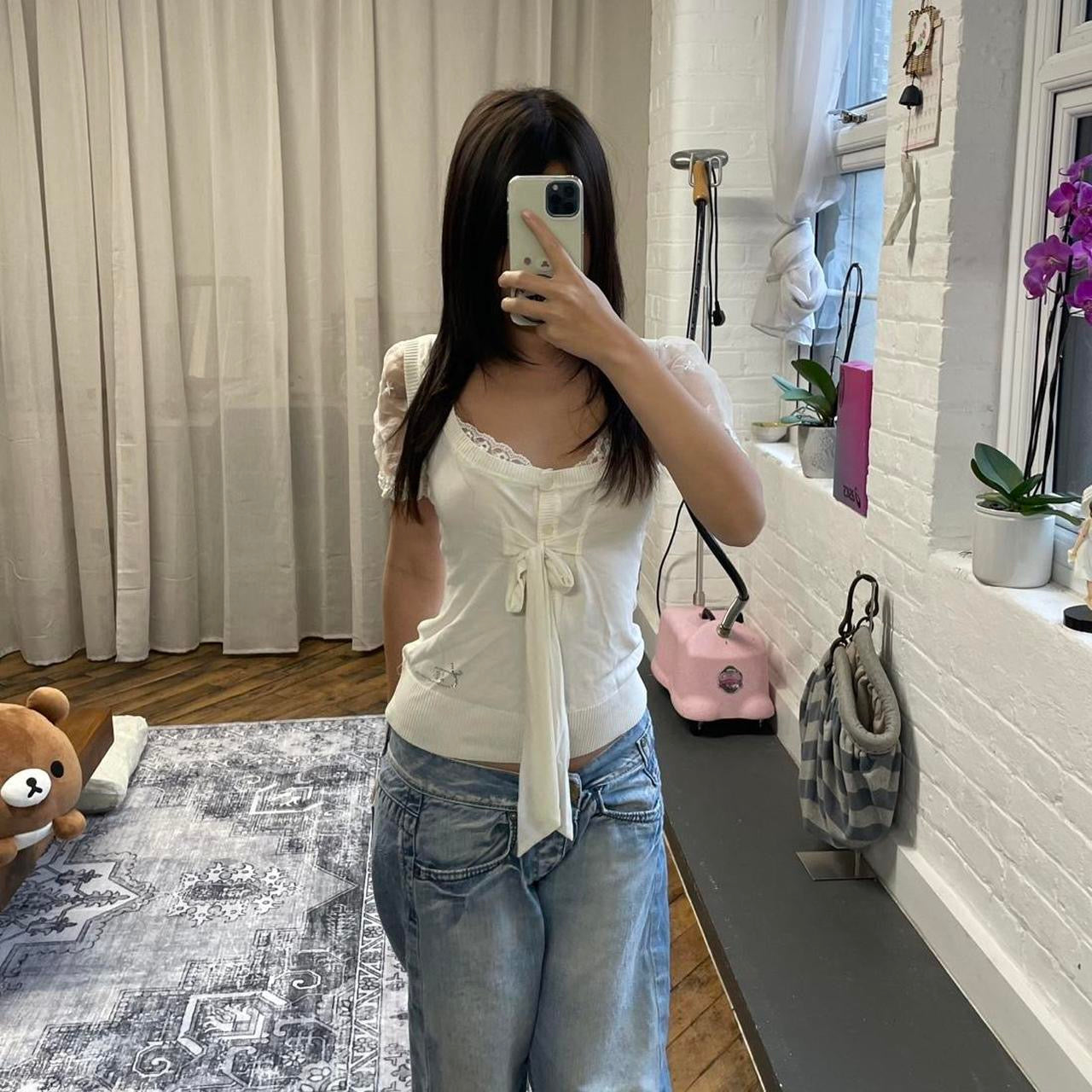 white cream taglia 42 sheer puff sleeve coquette blouson front ribbon top