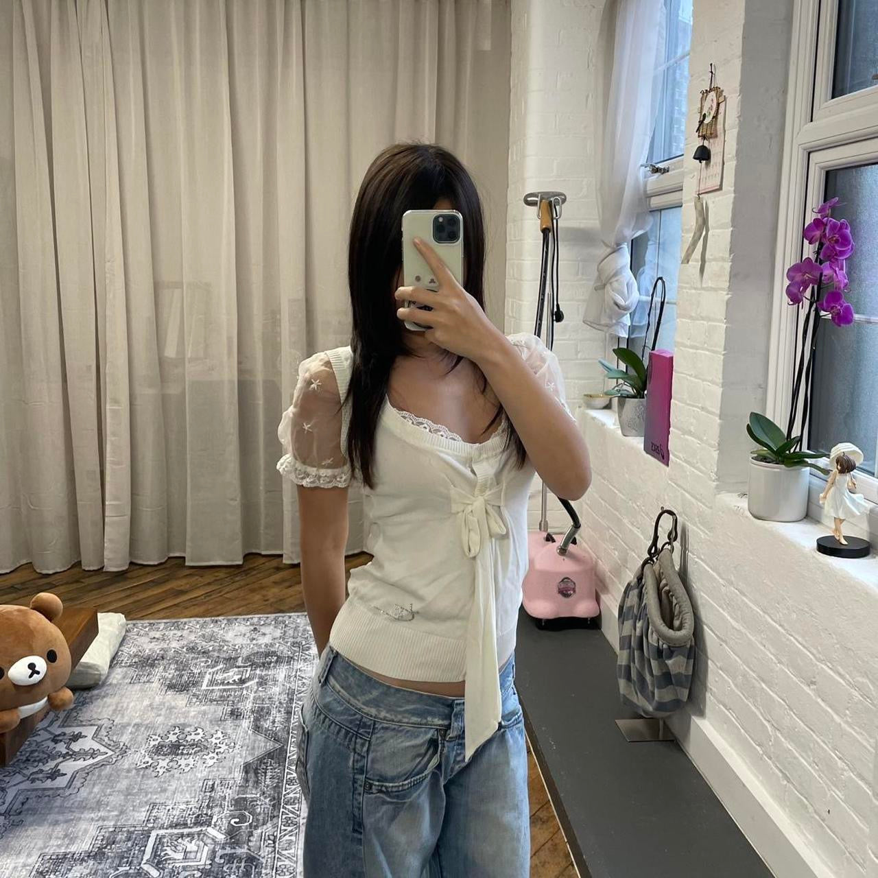 white cream taglia 42 sheer puff sleeve coquette blouson front ribbon top