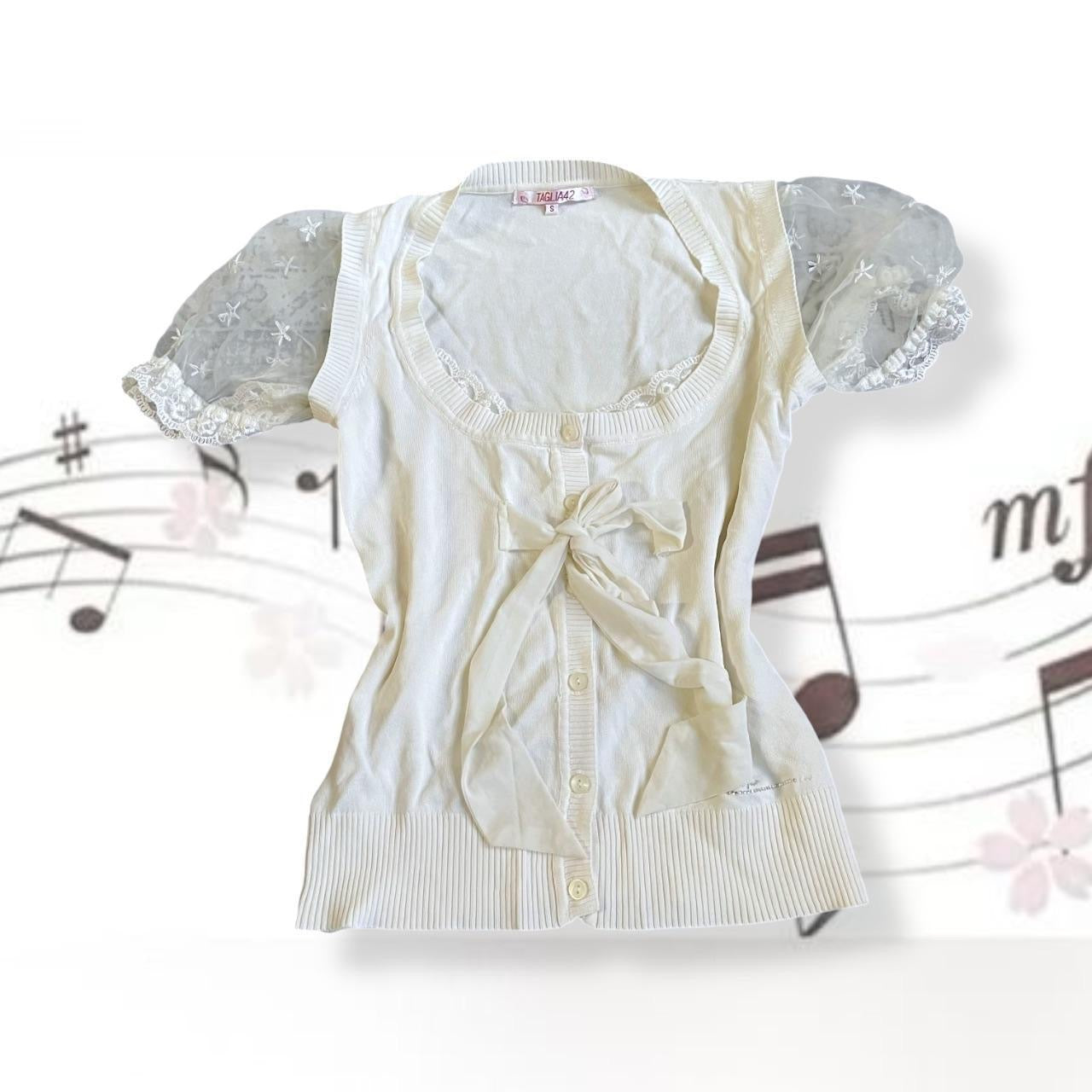 white cream taglia 42 sheer puff sleeve coquette blouson front ribbon top