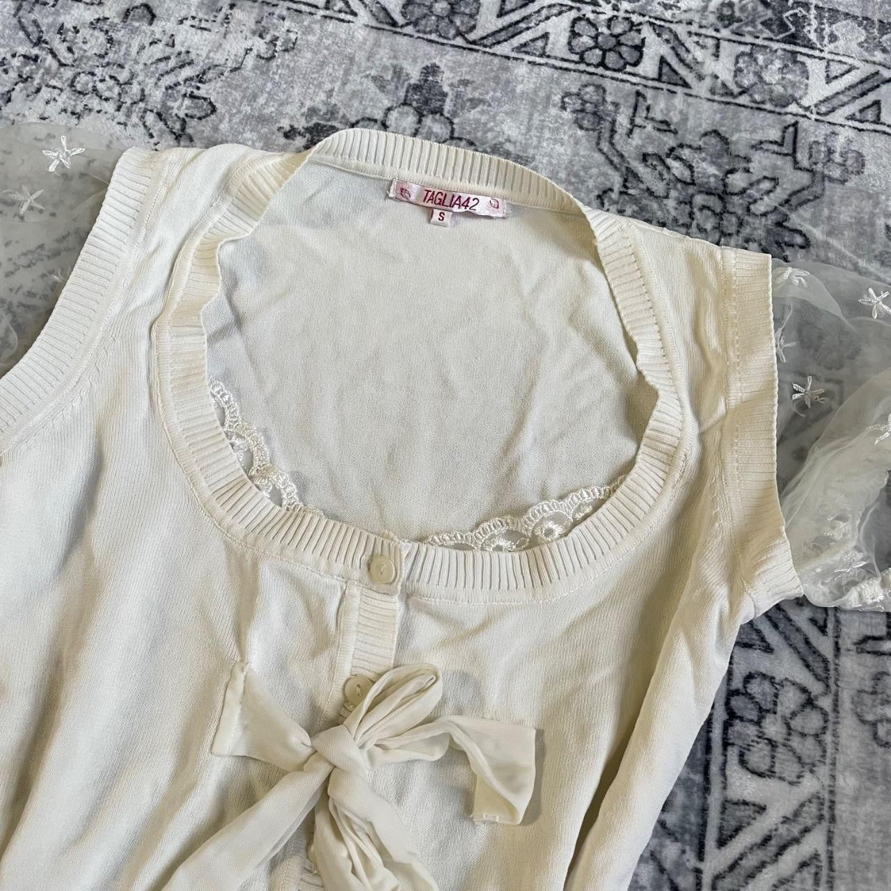 white cream taglia 42 sheer puff sleeve coquette blouson front ribbon top