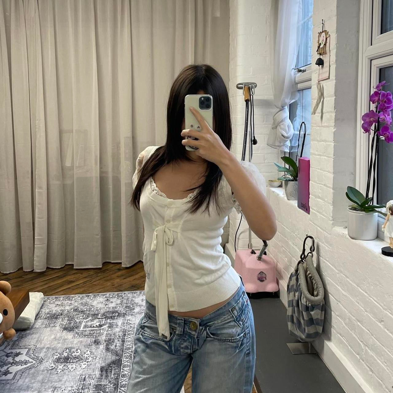 white cream taglia 42 sheer puff sleeve coquette blouson front ribbon top