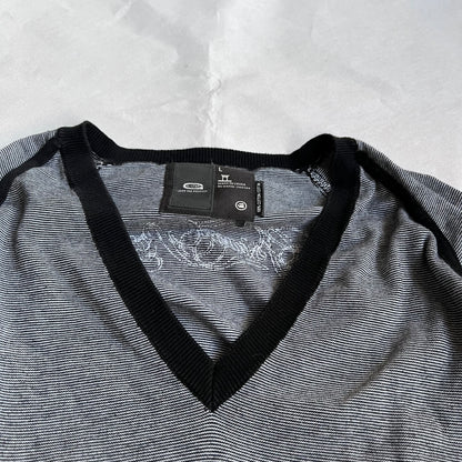 black grey striped g-star striped v neck long sleeve embroidery graphic sweater