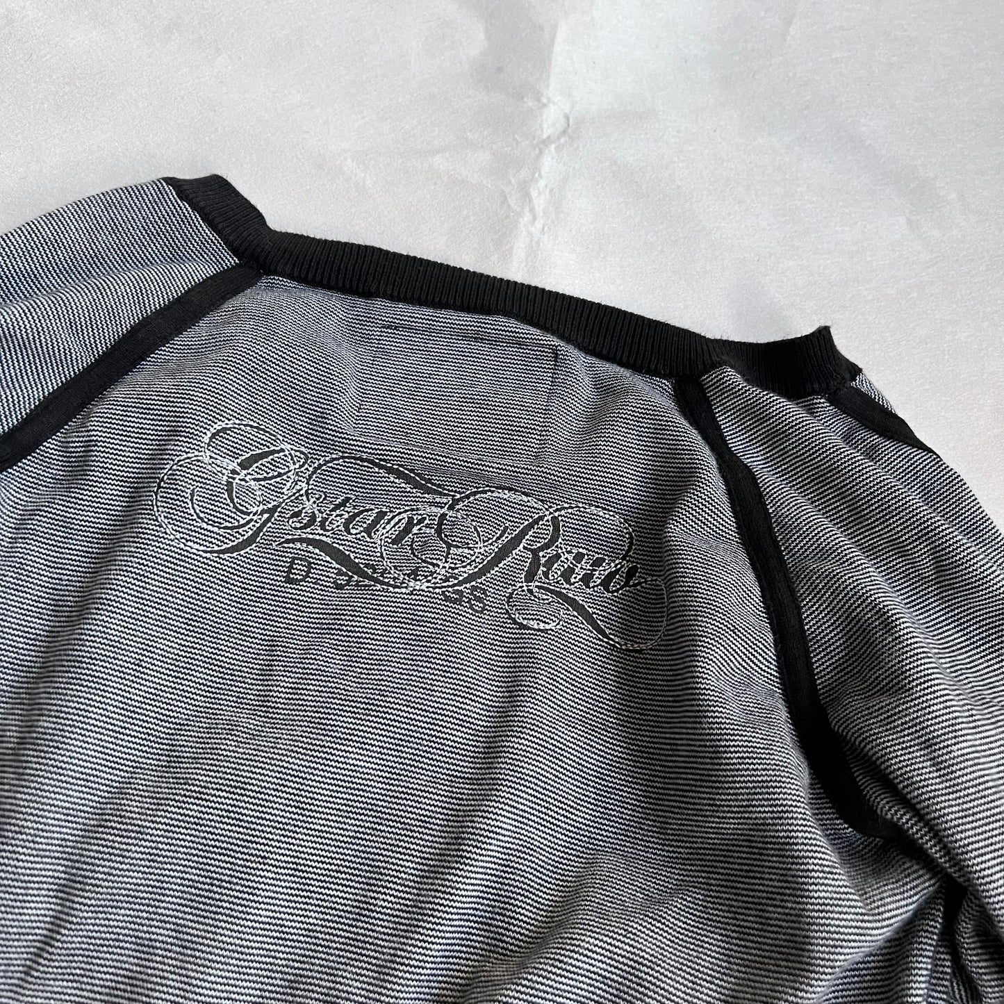 black grey striped g-star striped v neck long sleeve embroidery graphic sweater