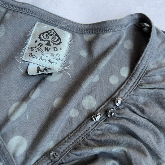 rwd grey khaki polka dot mesh sheer print long sleeve mix enamel fitted shirt