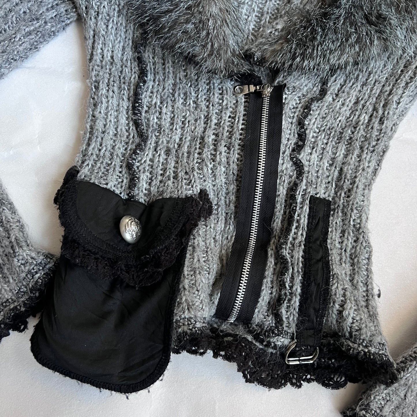 speckled grey fur trim zone bleue knit long sleeve zip cardigan jacket