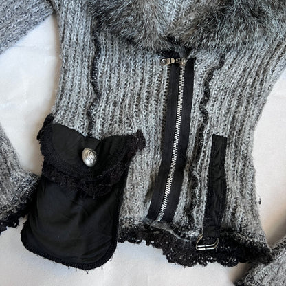 speckled grey fur trim zone bleue knit long sleeve zip cardigan jacket