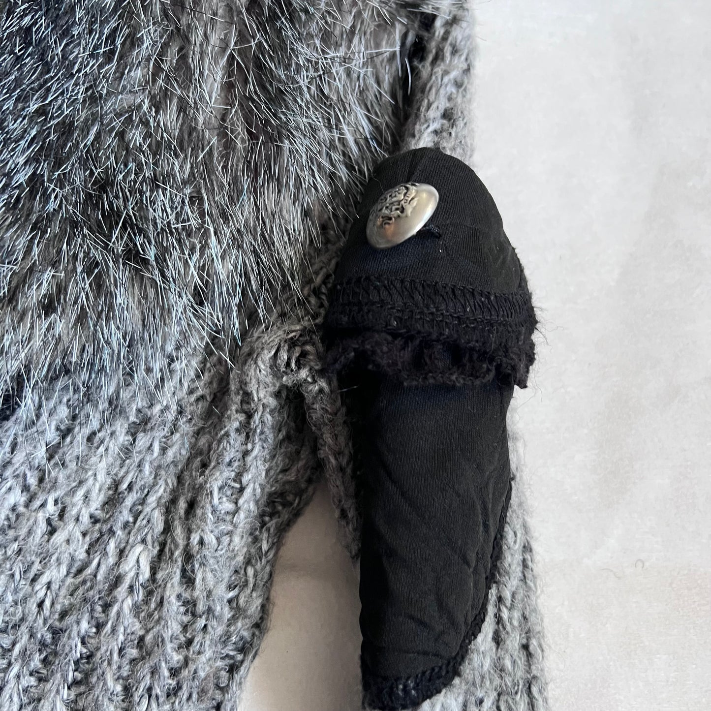 speckled grey fur trim zone bleue knit long sleeve zip cardigan jacket