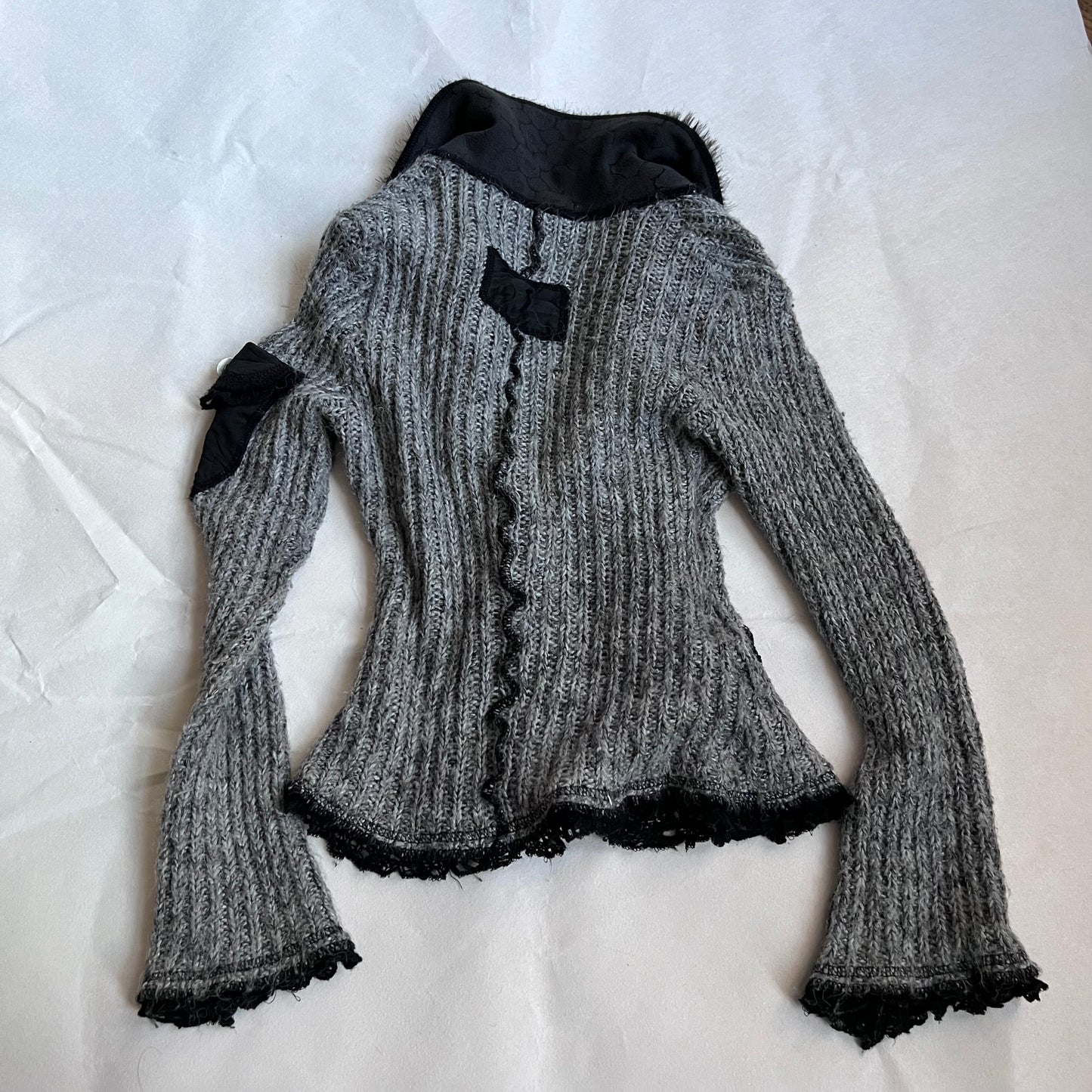 speckled grey fur trim zone bleue knit long sleeve zip cardigan jacket