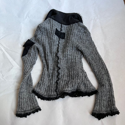 speckled grey fur trim zone bleue knit long sleeve zip cardigan jacket