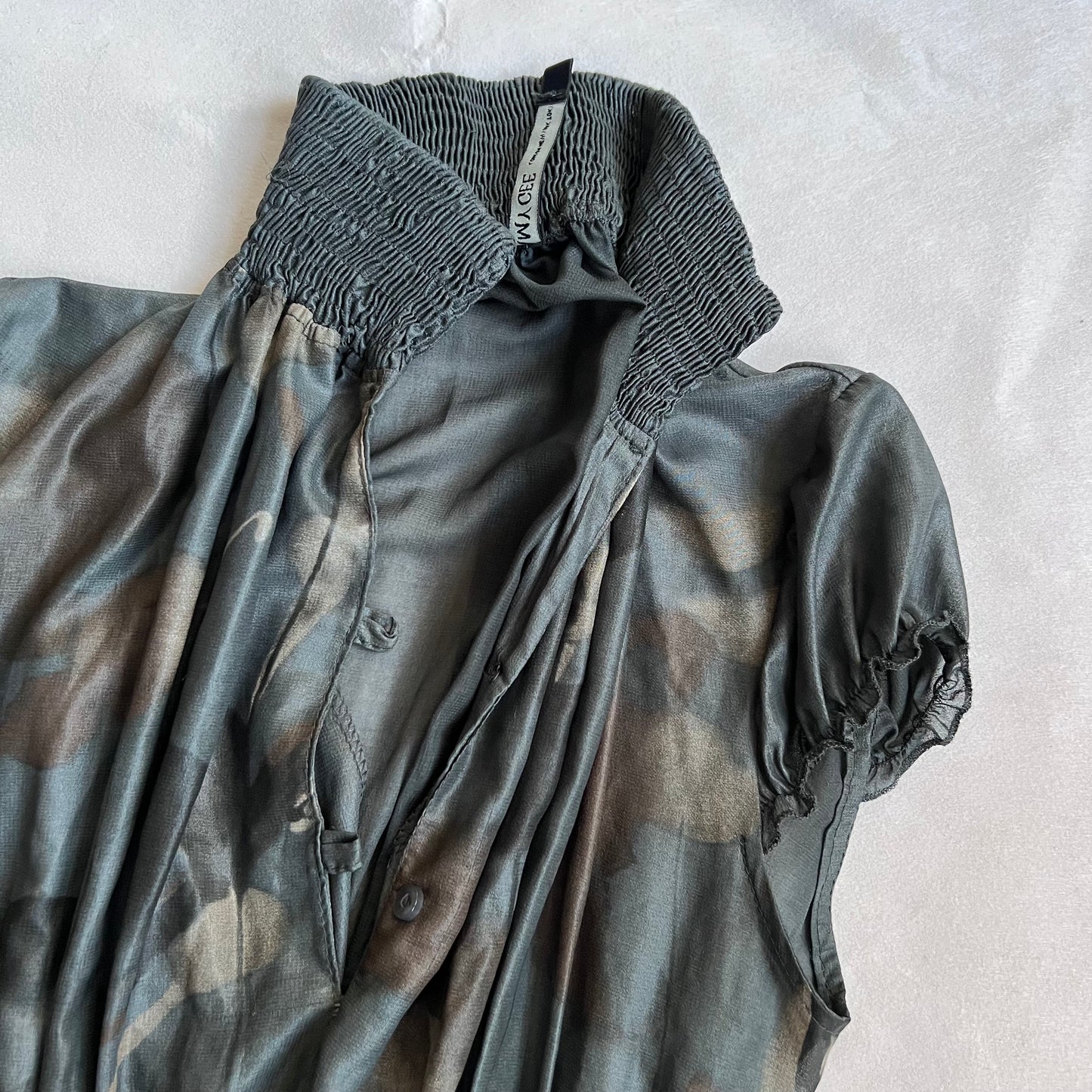amy gee khaki brown camo chiffon puff sleeve high collared ruched blouson