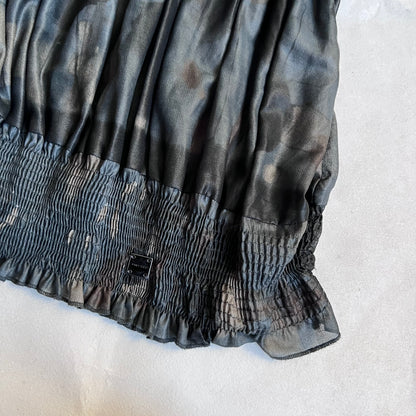 amy gee khaki brown camo chiffon puff sleeve high collared ruched blouson