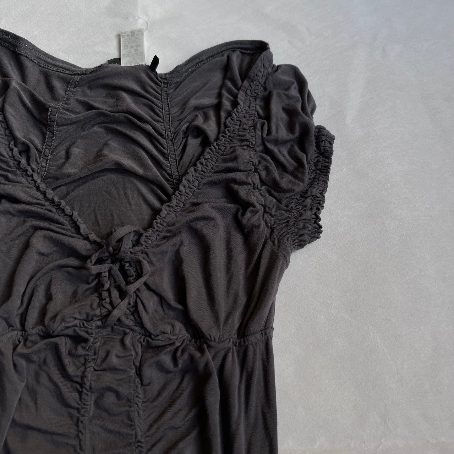 miss sixty grey purple puff sleeve ruched lace up bust fitted blouse shirt