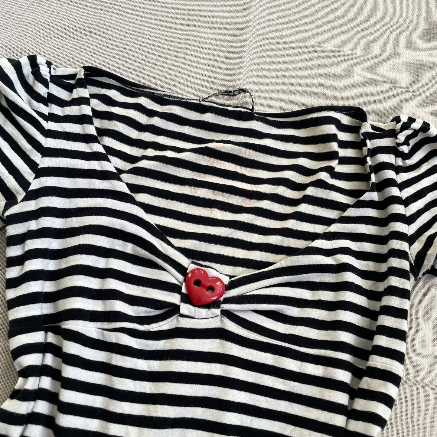 fornarina black white puffy red heart charm button striped puff sleeve top
