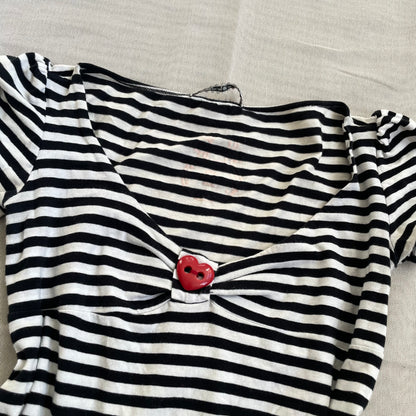 fornarina black white puffy red heart charm button striped puff sleeve top