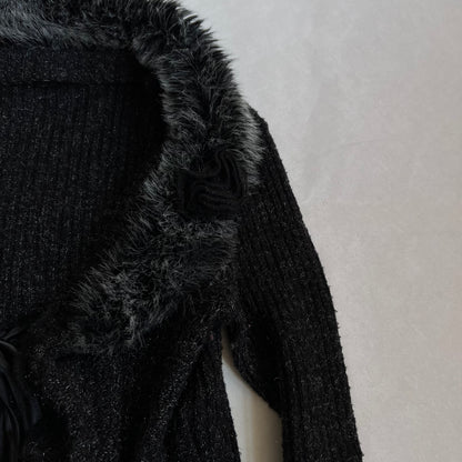 dark grey speckled alex-e paris long sleeve knit fur collar rosette cardigan bolero