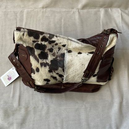 vintage oversized longobardi cow print pony hair x brown leather buckle bag