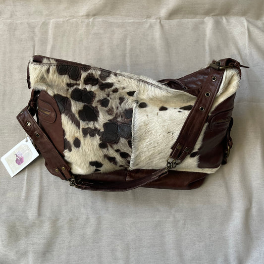 vintage oversized longobardi cow print pony hair x brown leather buckle bag