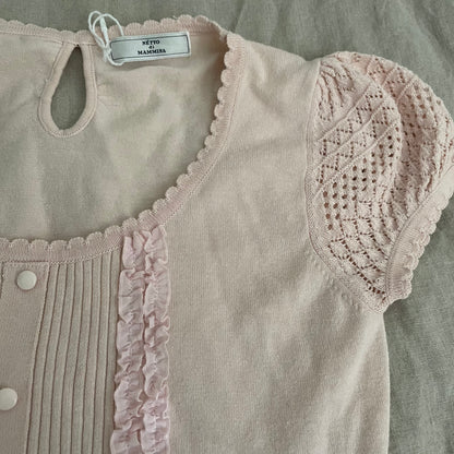 coquette netto di mammina soft pink crochet puff sleeves ribbed knit top