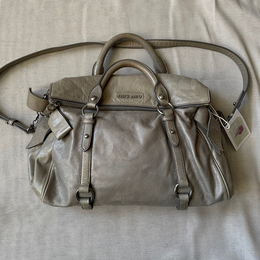 sage green leather silver hardware miu miu vitello lux ribbon 2 way crossbody handbag