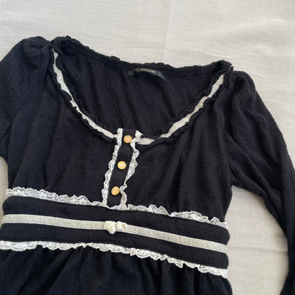 dosch black white lacey trim button accent long sleeve top