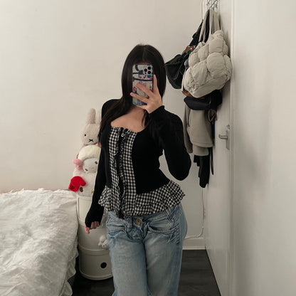 morgan dark academia black gingham ruffle hem long sleeve zip top