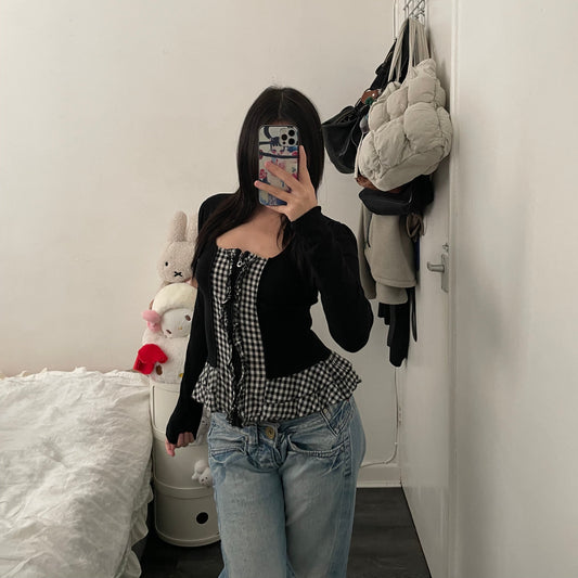 morgan dark academia black gingham ruffle hem long sleeve zip top